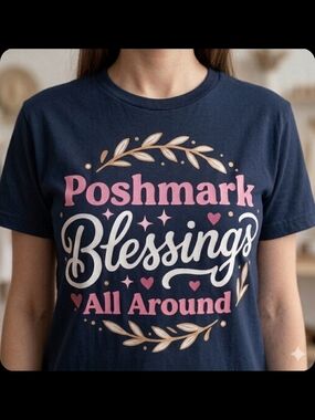 Poshmark Blessings All Around Graphic Tee - Navy with Pink & Cream